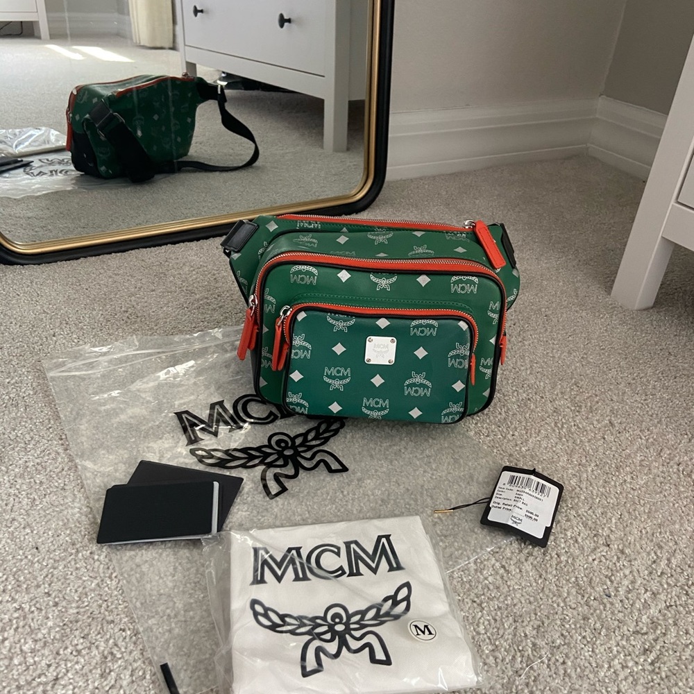 MCM Resnick Eden Green Reflective Leather Belt Bag